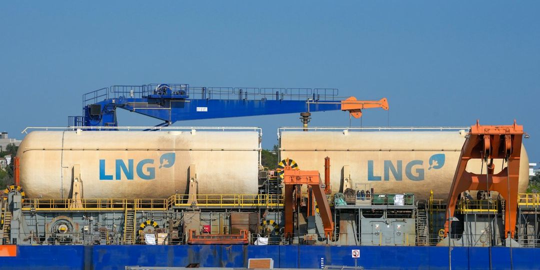 LNG tanks on a barge with industrial equipment. Illustrative photograph.