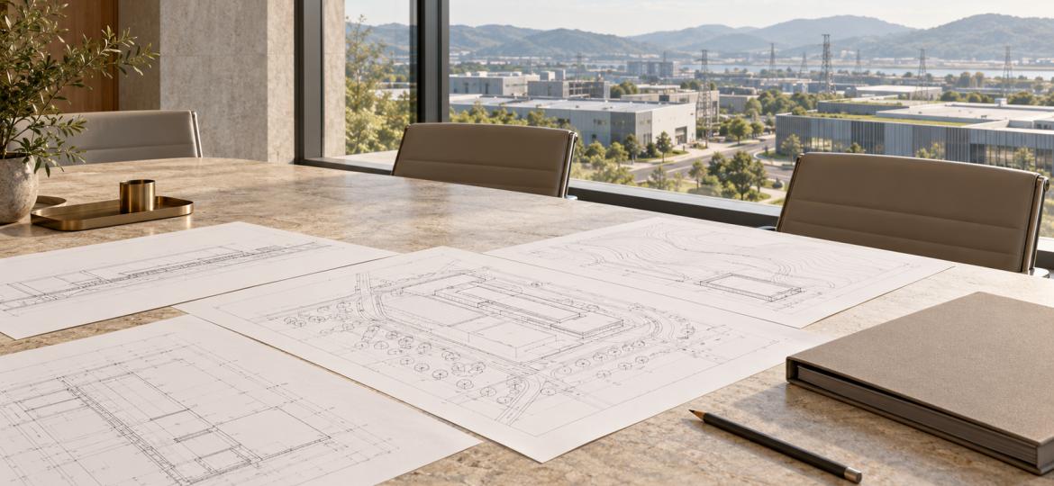 Project assessment documents overlooking an industrial district, illustrating investment planning.