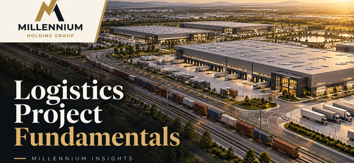 Conceptual AI illustration of logistics warehouses, rail access and road connections, with Millennium branding.