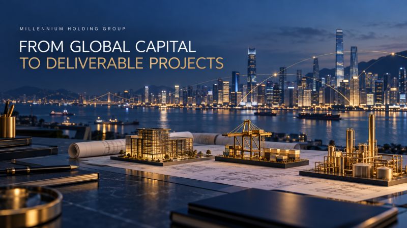 Conceptual illustration of international infrastructure and project planning in midnight blue and gold.