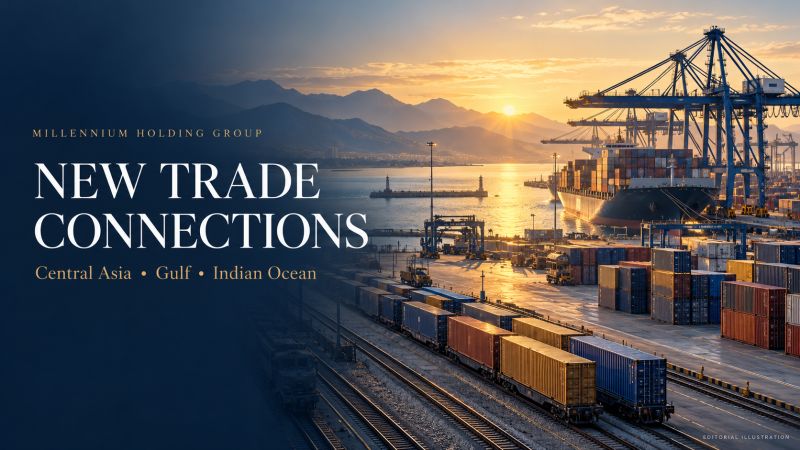 Millennium Holding Group editorial cover showing a conceptual container port and rail freight terminal at sunrise, titled New Trade Connections. AI-generated editorial illustration.